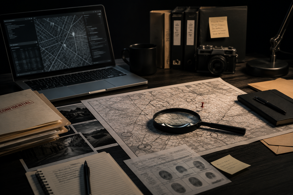 Skip tracing investigation desk with map, laptop and magnifying glass