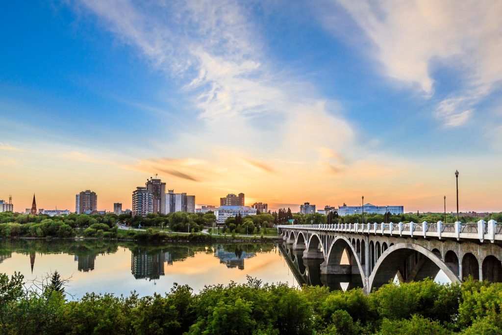Saskatoon skyline and South Saskatchewan River in Saskatoon, Saskatchewan